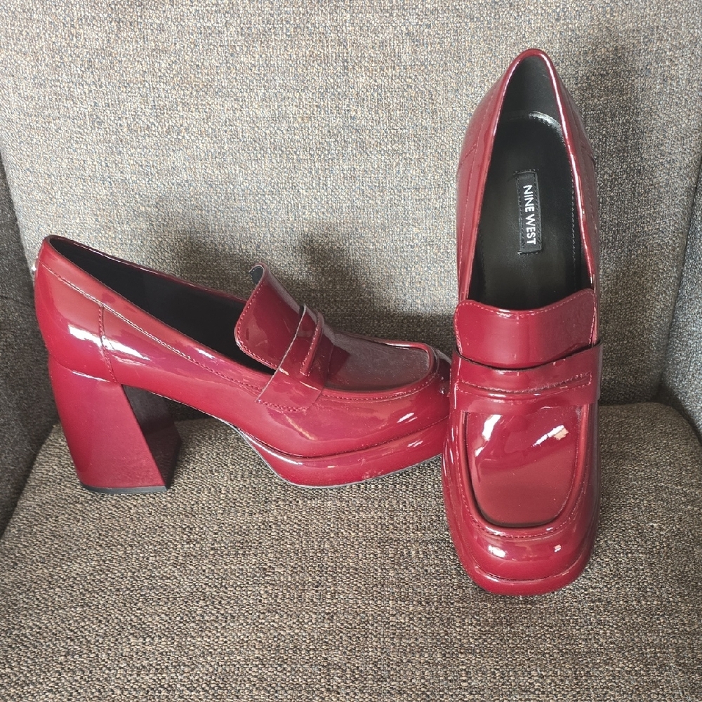 Nine West Glossy Wine Red Platform Loafers Size 9.5